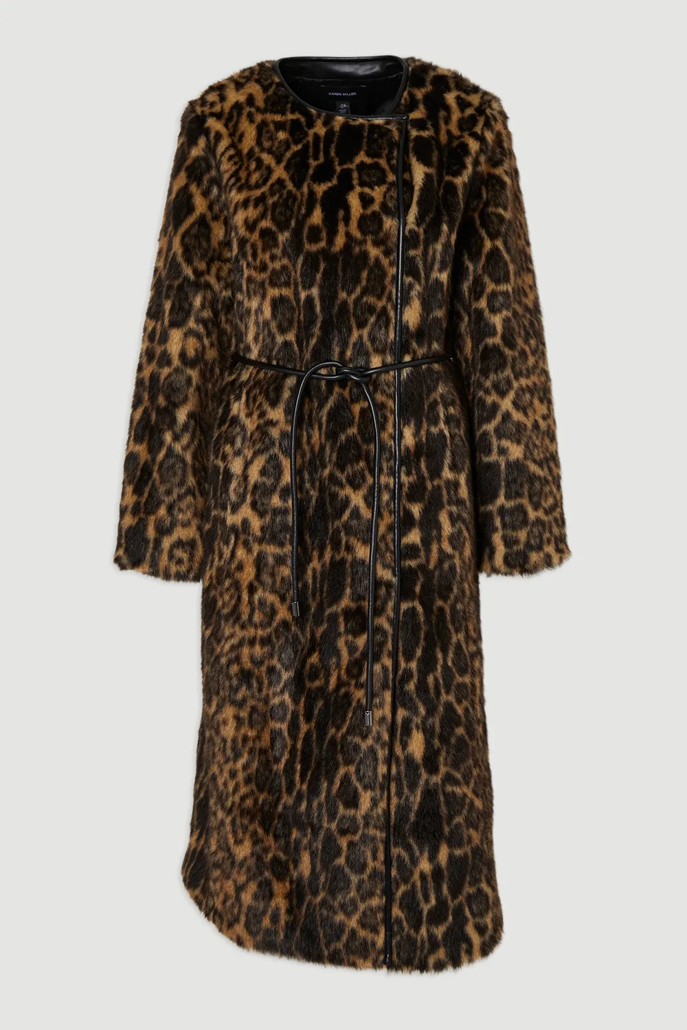 Faux Fur Leopard Collarless Tie Belted Midi Coat BKK24728 4 Faux Fur Leopard Collarless Tie Belted Midi Coat BKK24728