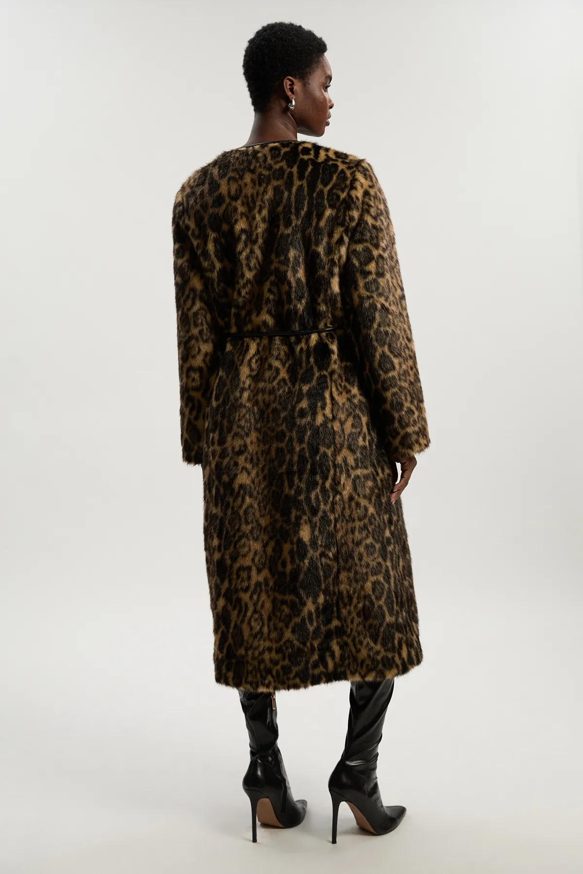 Faux Fur Leopard Collarless Tie Belted Midi Coat BKK24728 6 Faux Fur Leopard Collarless Tie Belted Midi Coat BKK24728