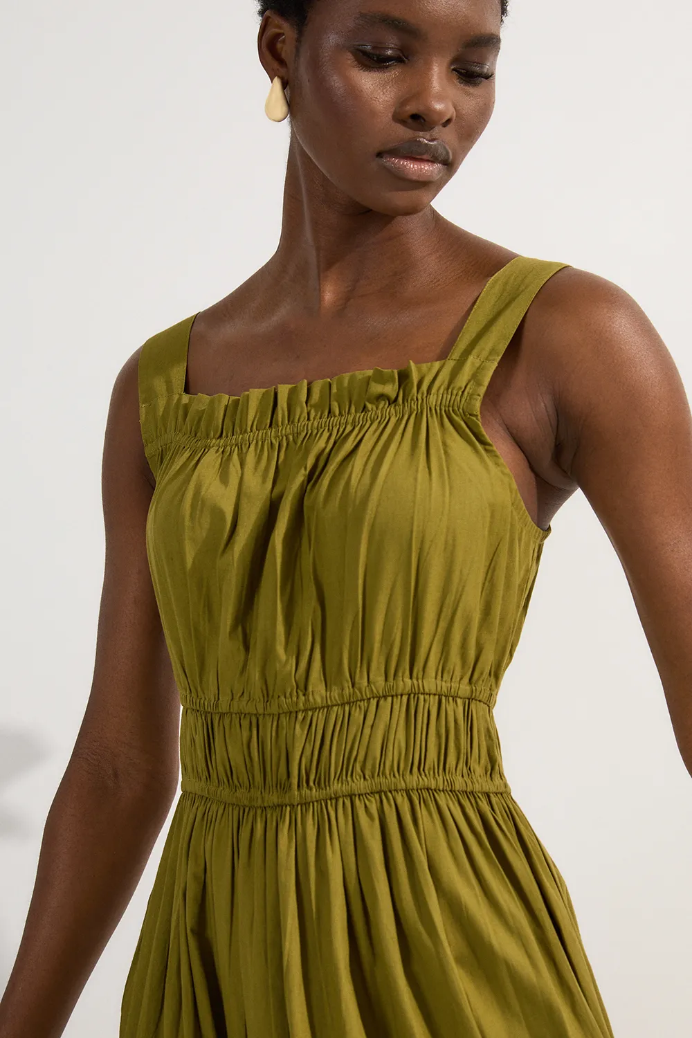 Shirred Cotton Tiered Woven Strappy Maxi Dress BKK24775