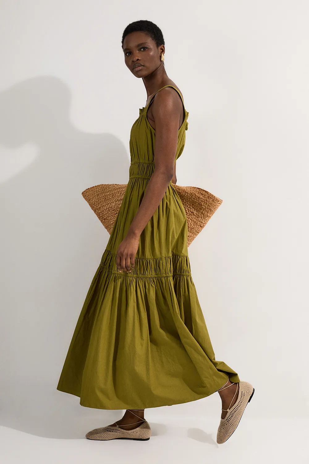 Shirred Cotton Tiered Woven Strappy Maxi Dress BKK24775