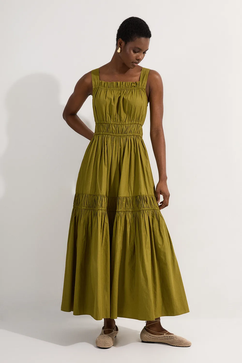 Shirred Cotton Tiered Woven Strappy Maxi Dress BKK24775 3 Shirred Cotton Tiered Woven Strappy Maxi Dress BKK24775