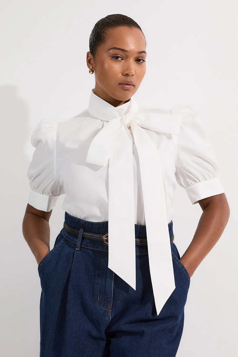 Plus Size Cotton Poplin Pussy Bow Puff Sleeve Woven Blouse BKK24774 3 Plus Size Cotton Poplin Pussy Bow Puff Sleeve Woven Blouse BKK24774