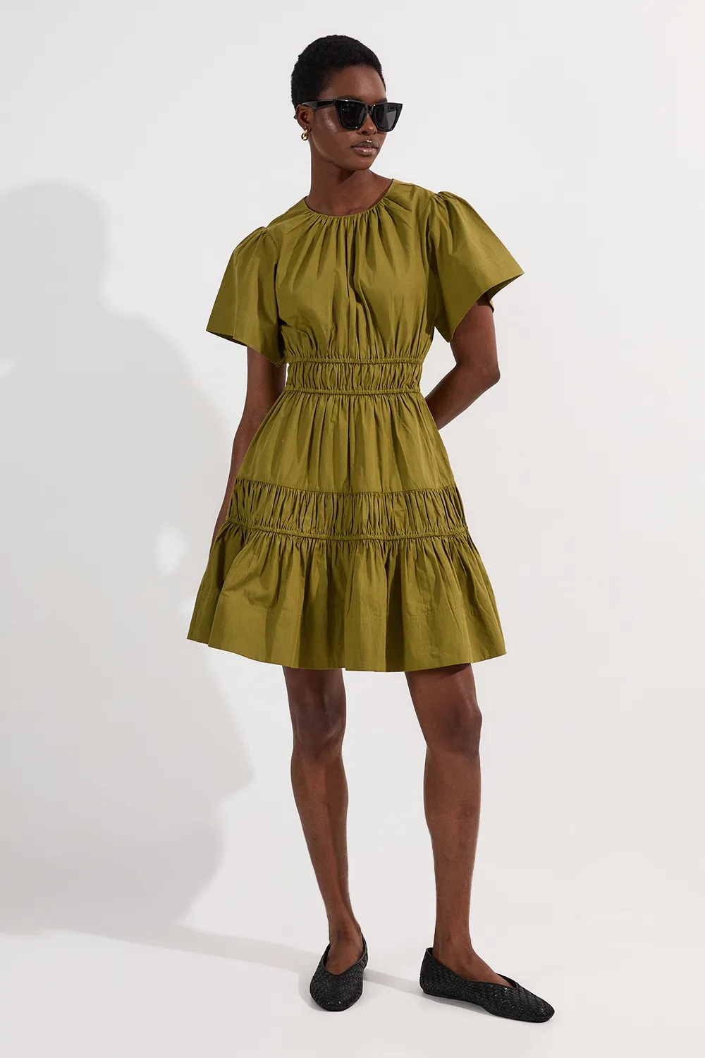 Shirred Cotton Tiered Woven Mini Dress BKK24776