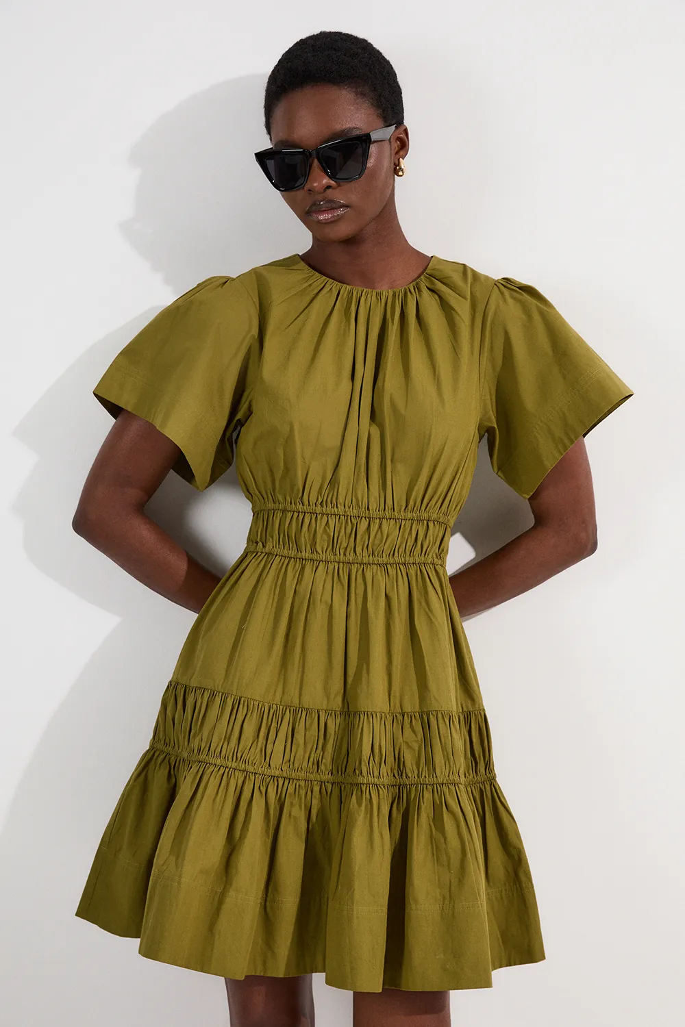 Shirred Cotton Tiered Woven Mini Dress BKK24776