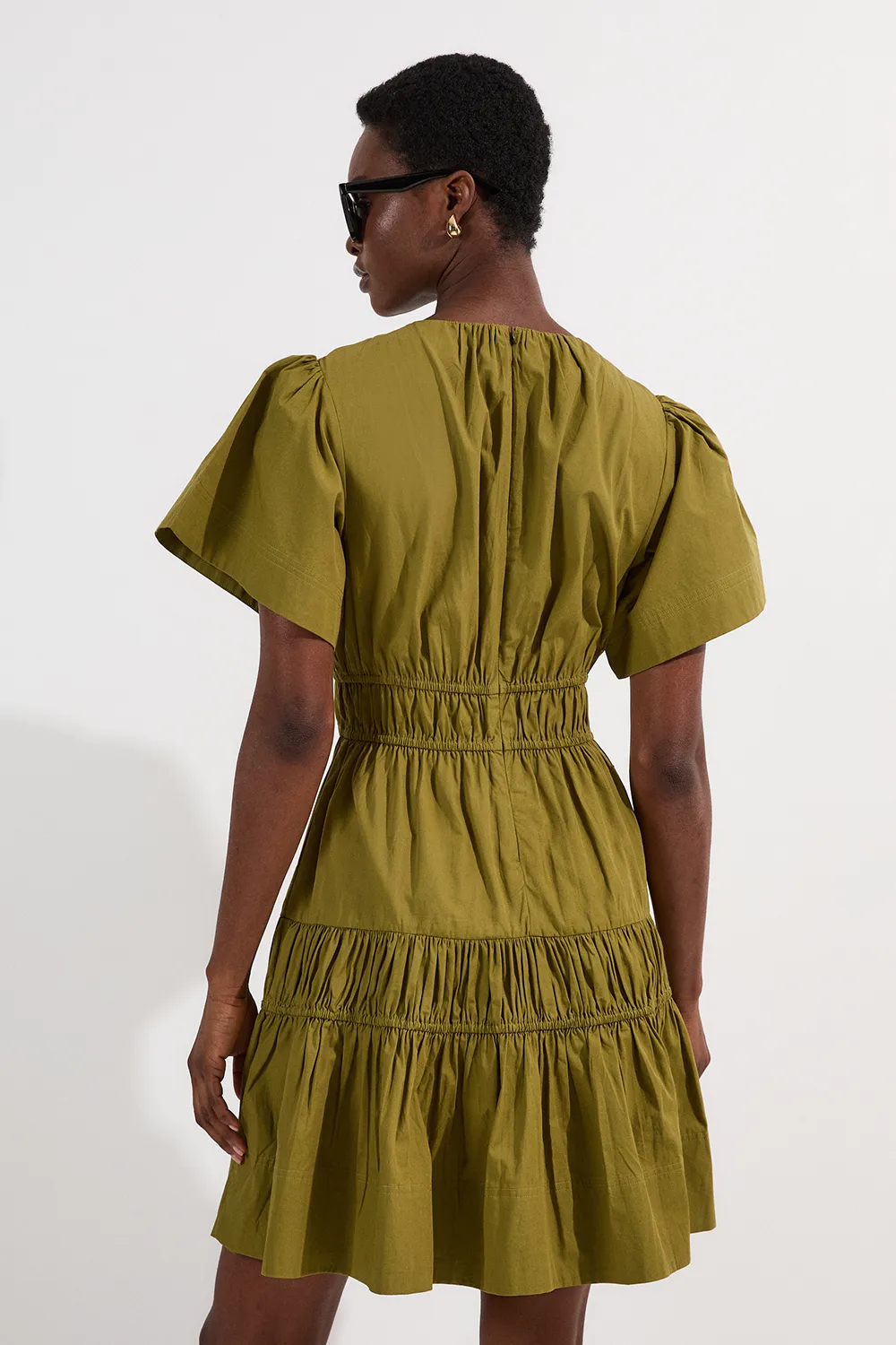 Shirred Cotton Tiered Woven Mini Dress BKK24776