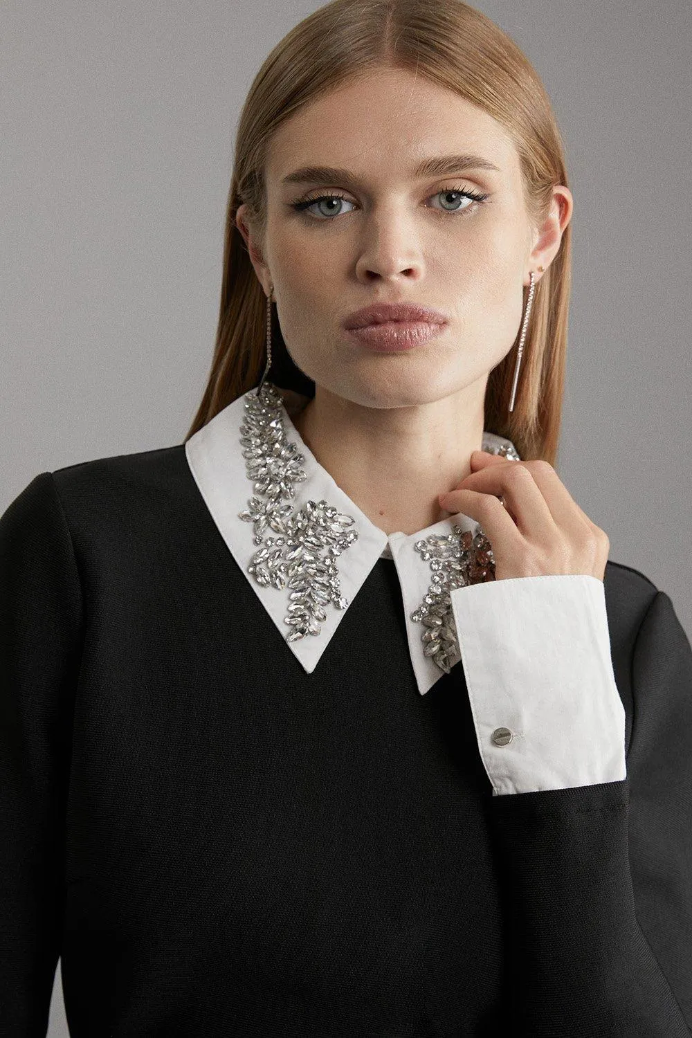 Figure Form Bandage Embellished Collar Knit Top BKK20276