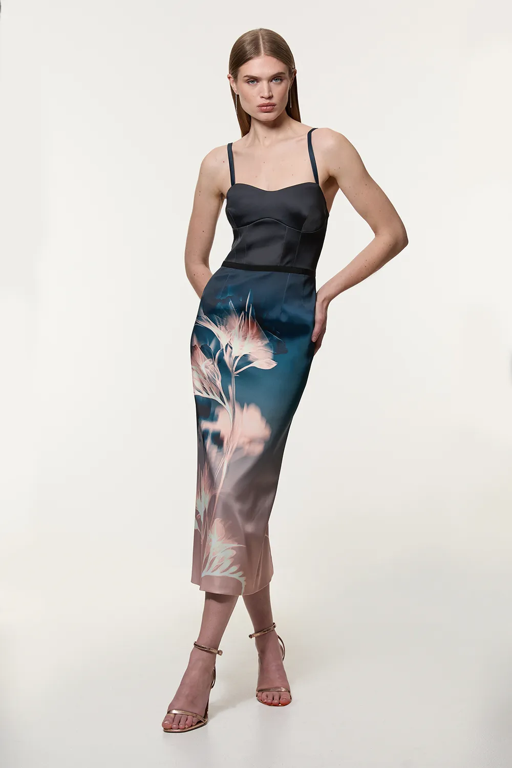 Abstract Ombre Floral Italian Structured Satin Tailored Corset Midi Dress BKK20418