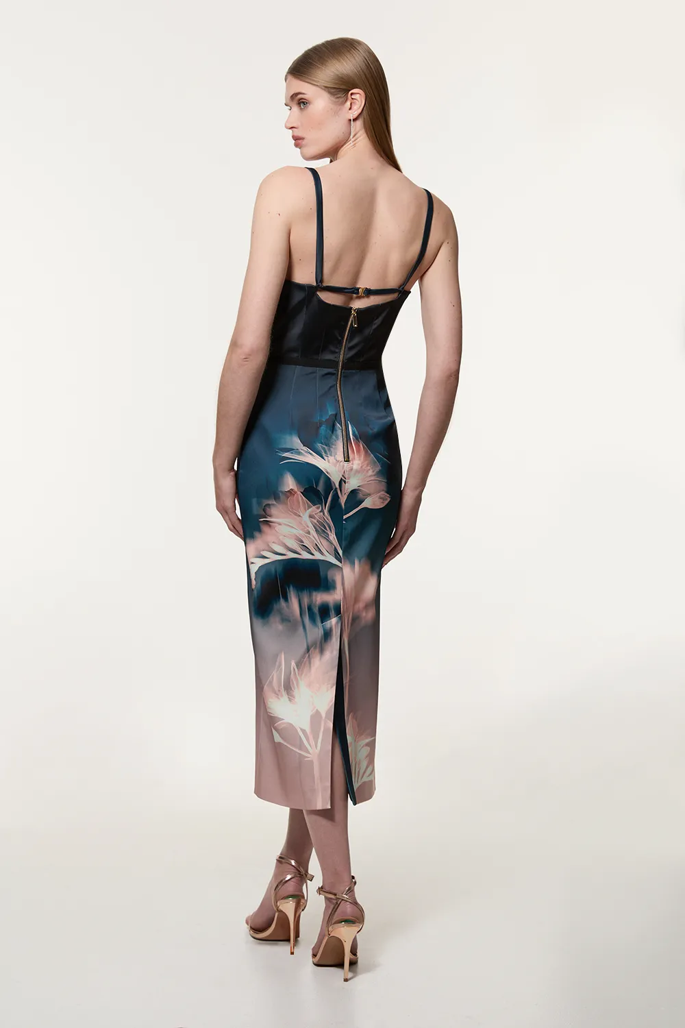 Abstract Ombre Floral Italian Structured Satin Tailored Corset Midi Dress BKK20418 5 Abstract Ombre Floral Italian Structured Satin Tailored Corset Midi Dress BKK20418