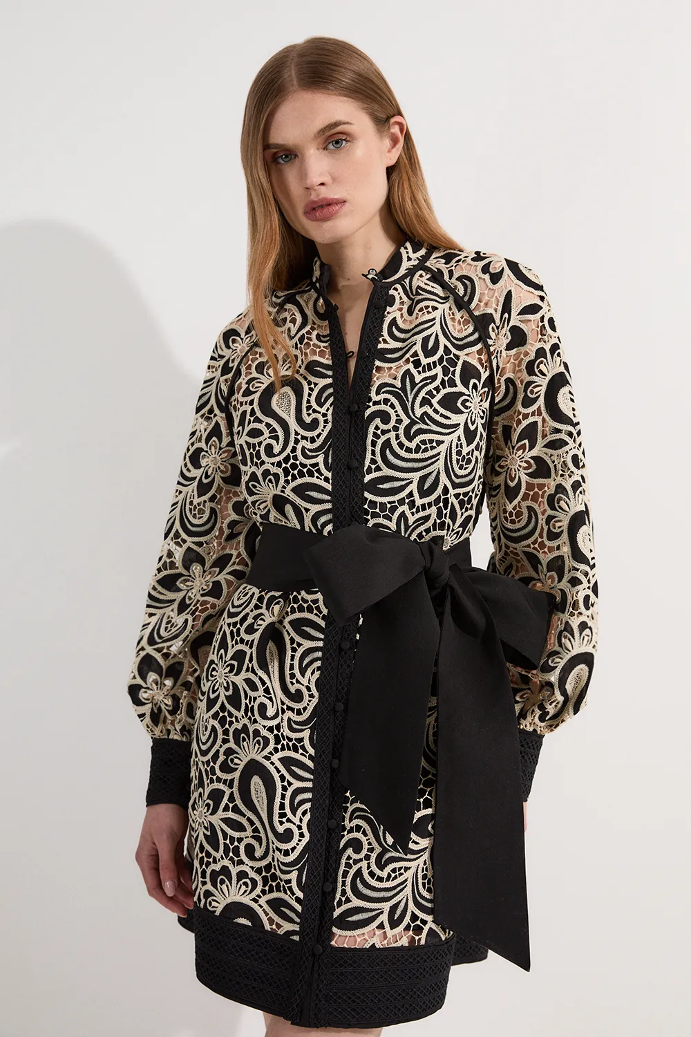 Mono Cutwork Pocket Front Woven Mini Dress BKK24894