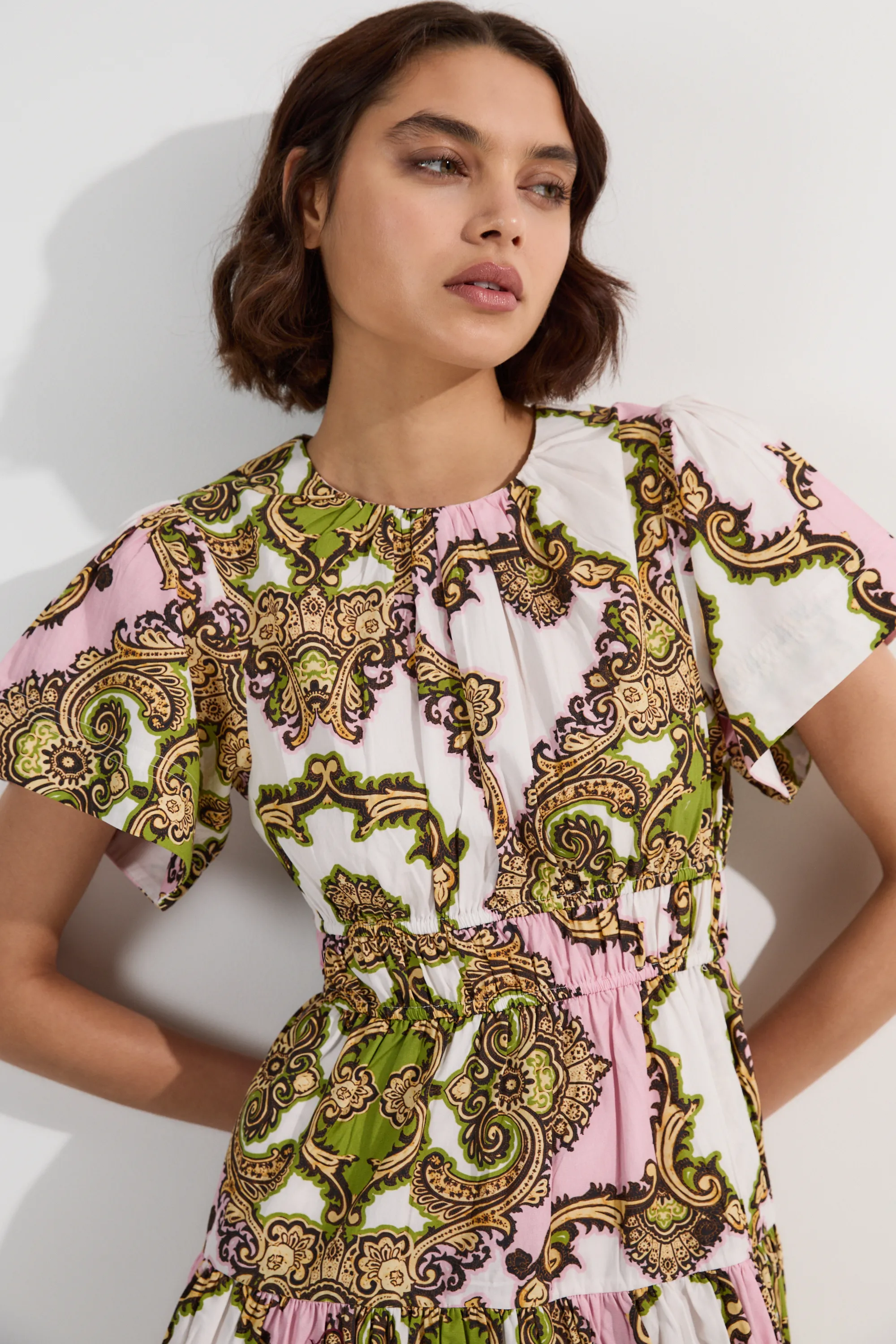 Shirred Cotton Tiered Tile Print Woven Mini Dress BKK24898