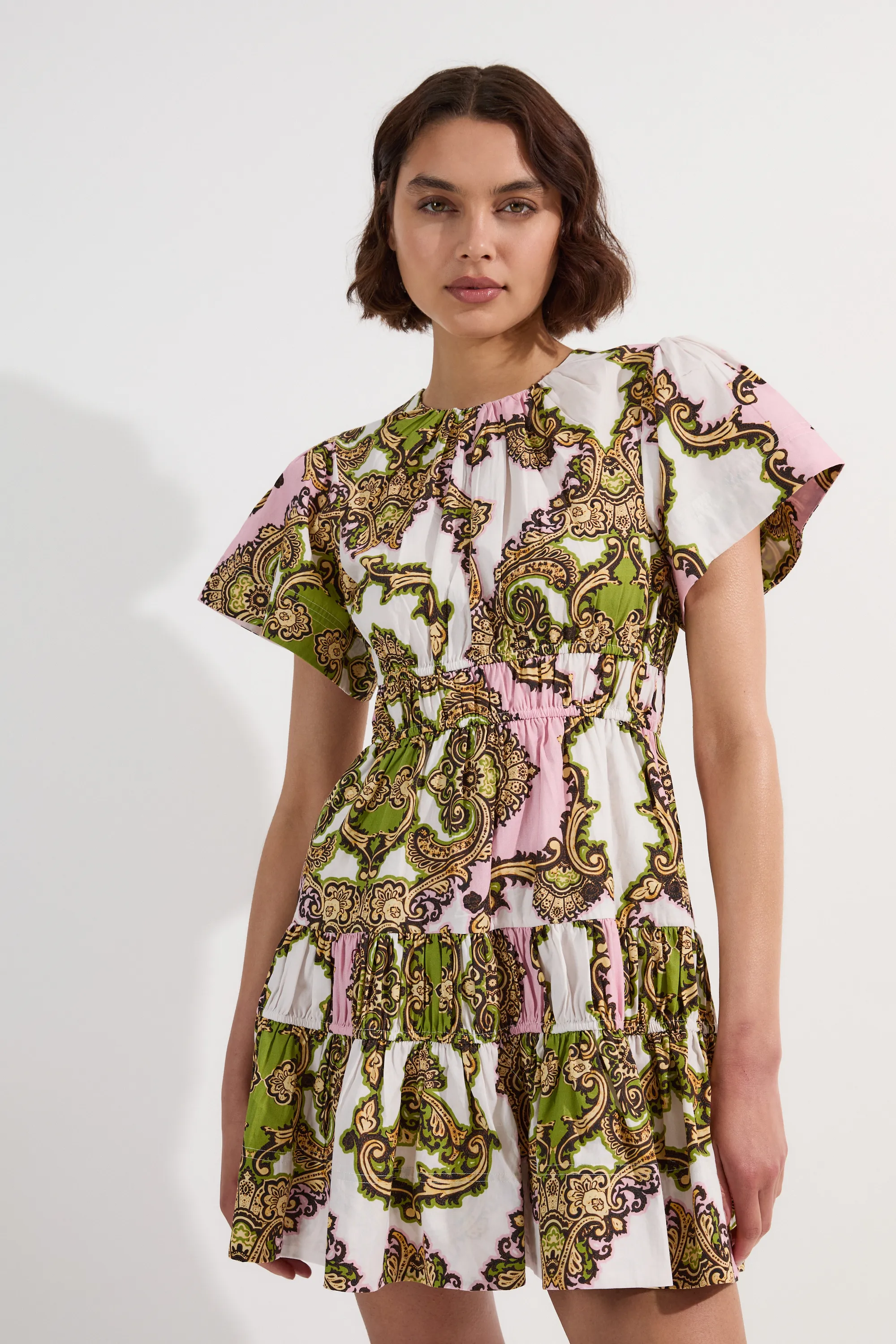 Shirred Cotton Tiered Tile Print Woven Mini Dress BKK24898