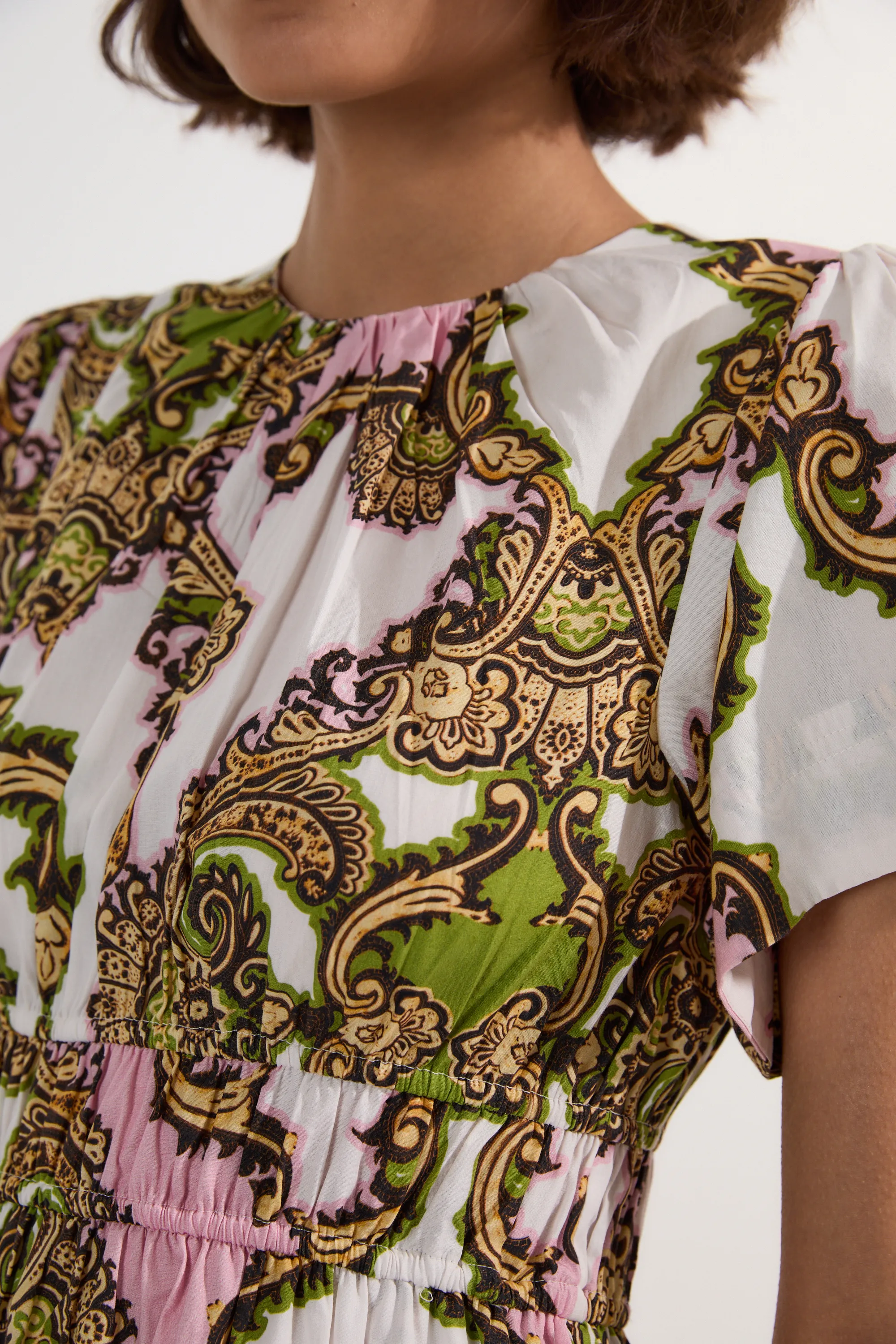 Shirred Cotton Tiered Tile Print Woven Mini Dress BKK24898