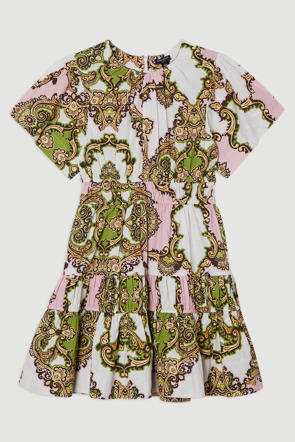 Shirred Cotton Tiered Tile Print Woven Mini Dress BKK24898