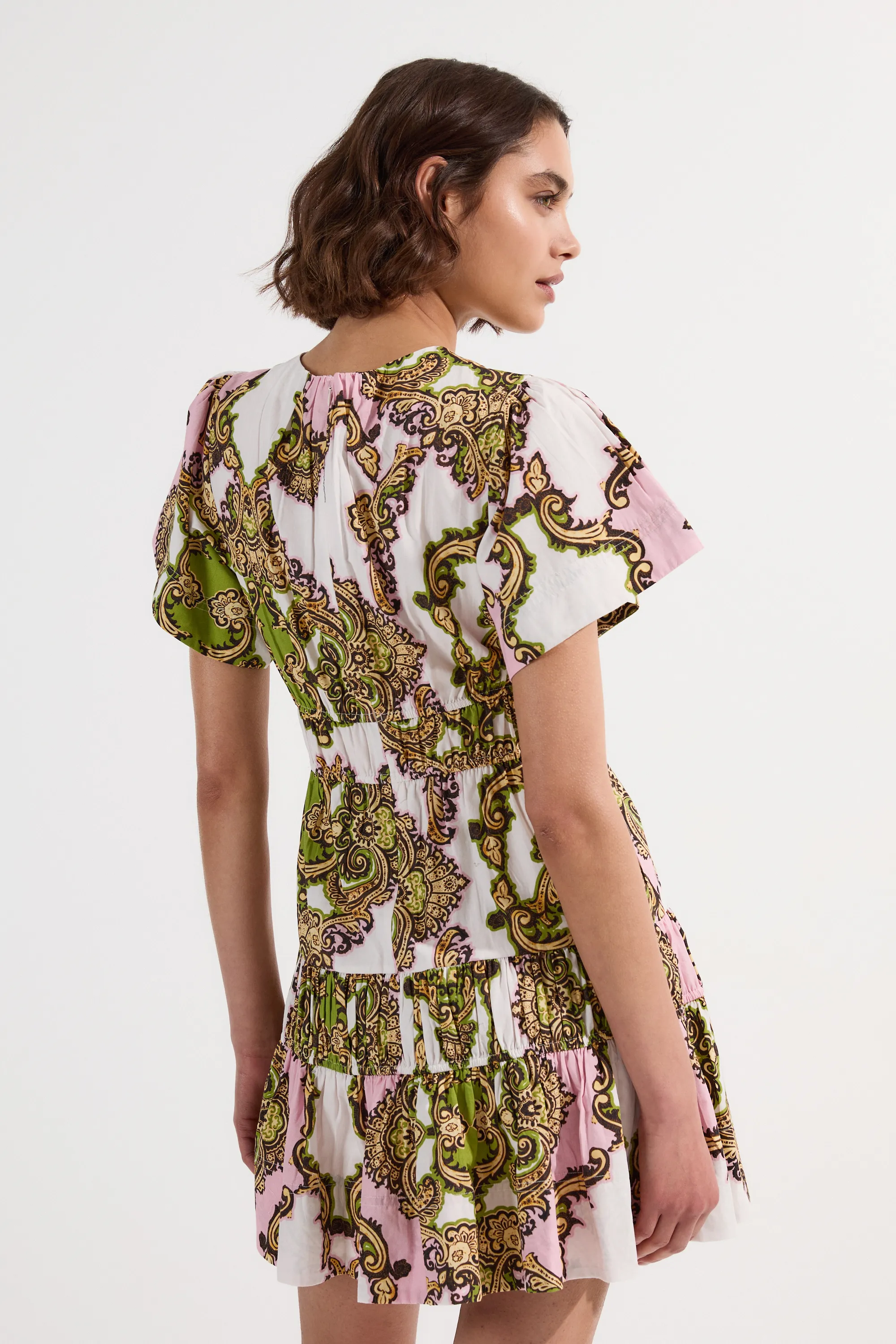 Shirred Cotton Tiered Tile Print Woven Mini Dress BKK24898