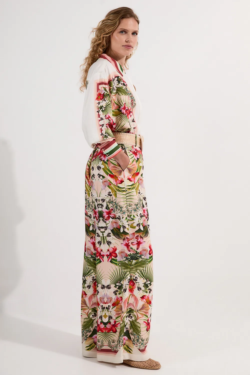 Mirrored Viscose Linen Floral Print With Raffia Belt Woven Pants BKK24946