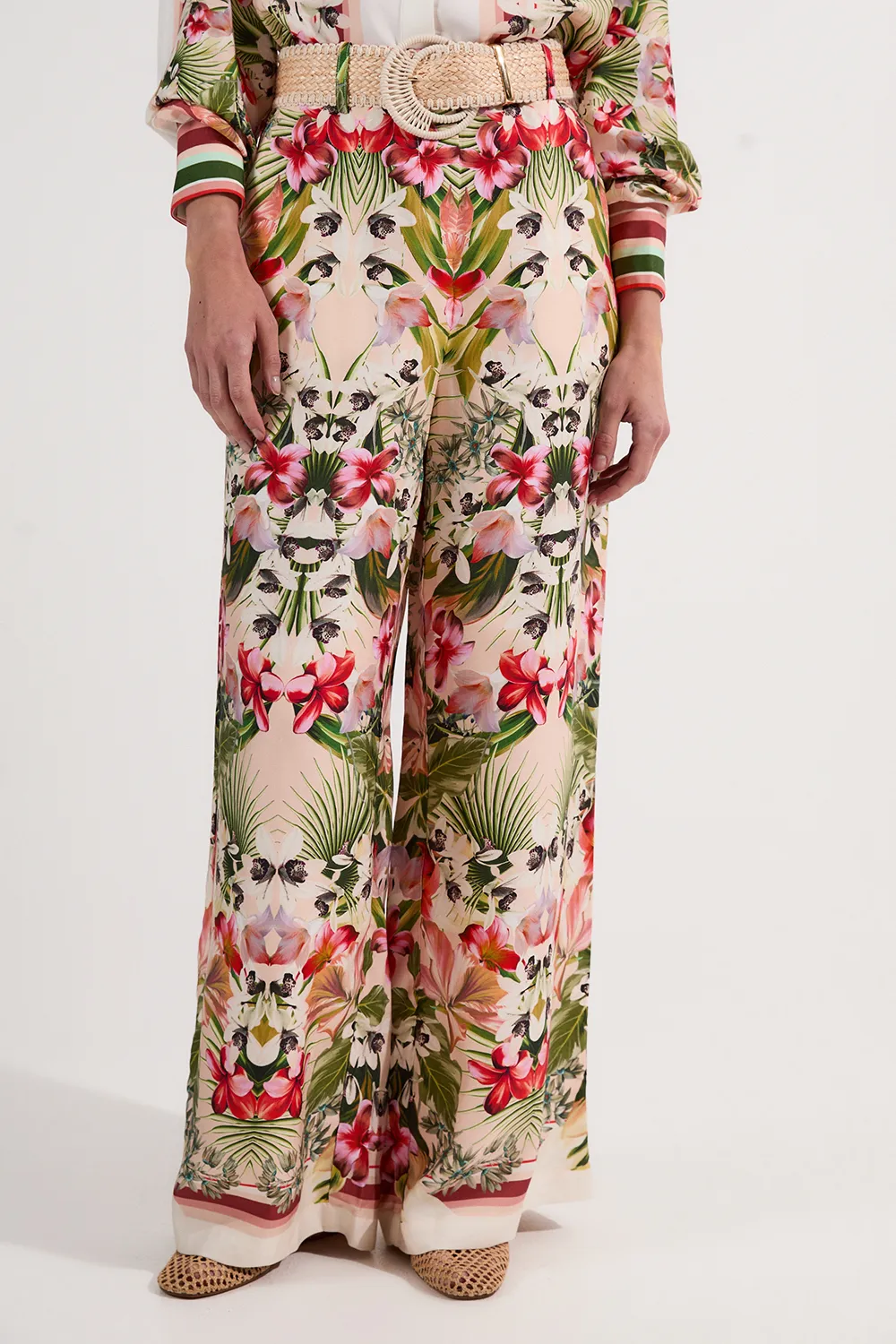 Mirrored Viscose Linen Floral Print With Raffia Belt Woven Pants BKK24946