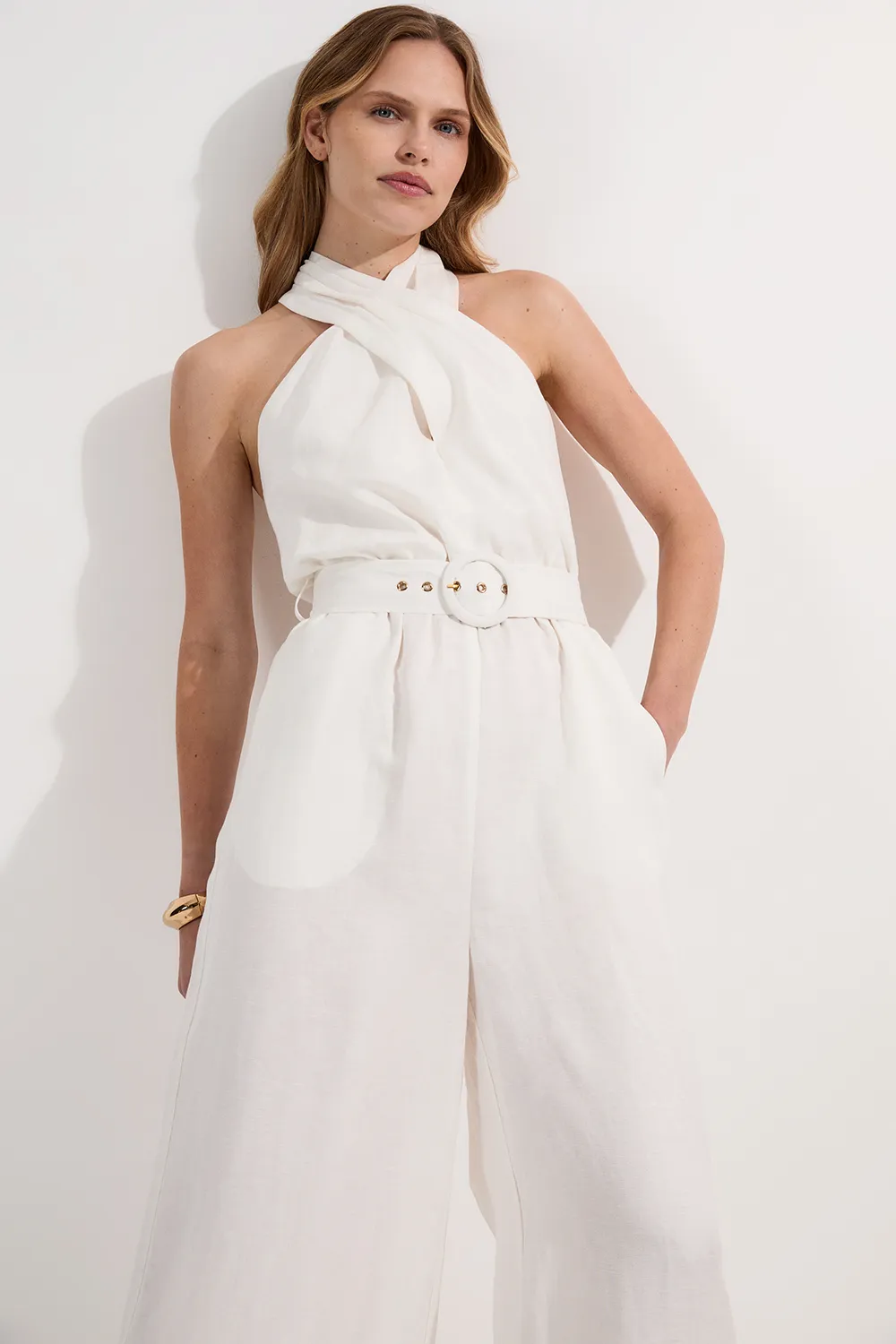 Petite Linen Viscose Cross Front Woven Belted Jumpsuit BKK24948