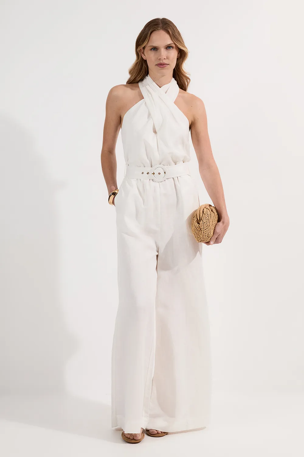Petite Linen Viscose Cross Front Woven Belted Jumpsuit BKK24948