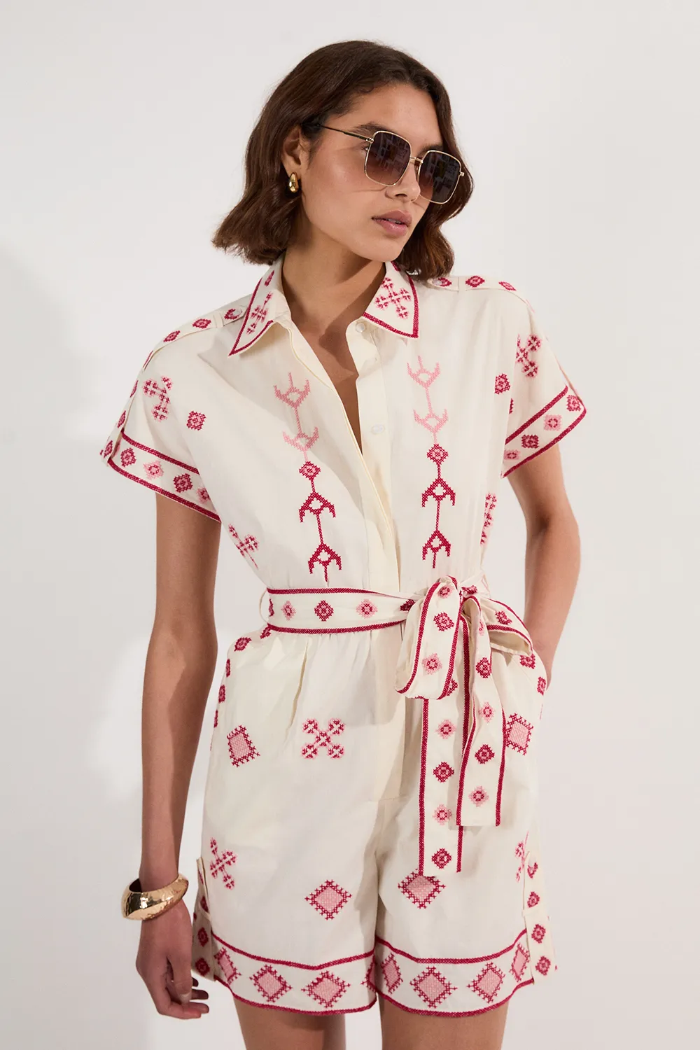 Petite Cotton Embroidered Woven Romper BKK24979