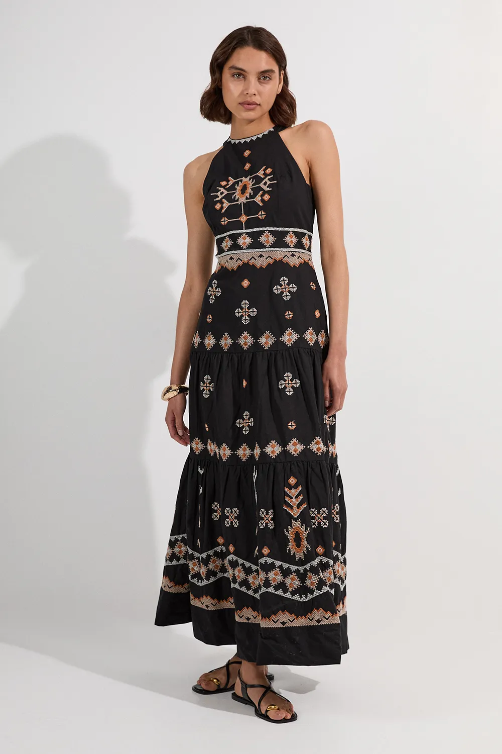 Petite Cotton Embroidered Woven Halter Maxi Dress BKK24980