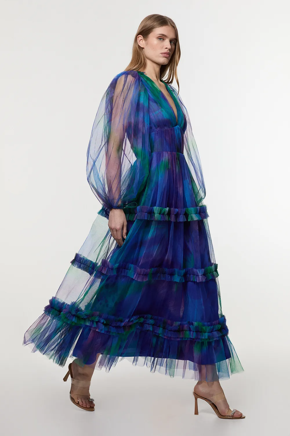 Dark Floral Tulle Plunge Balloon Sleeve Maxi Dress BKK24995