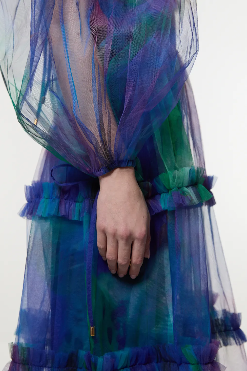 Dark Floral Tulle Plunge Balloon Sleeve Maxi Dress BKK24995