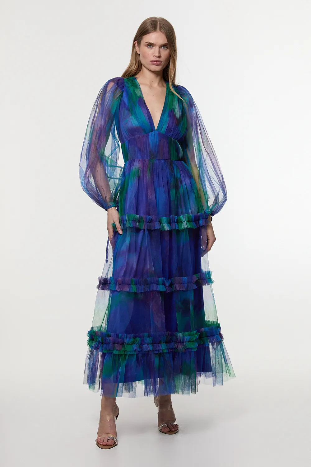 Dark Floral Tulle Plunge Balloon Sleeve Maxi Dress BKK24995