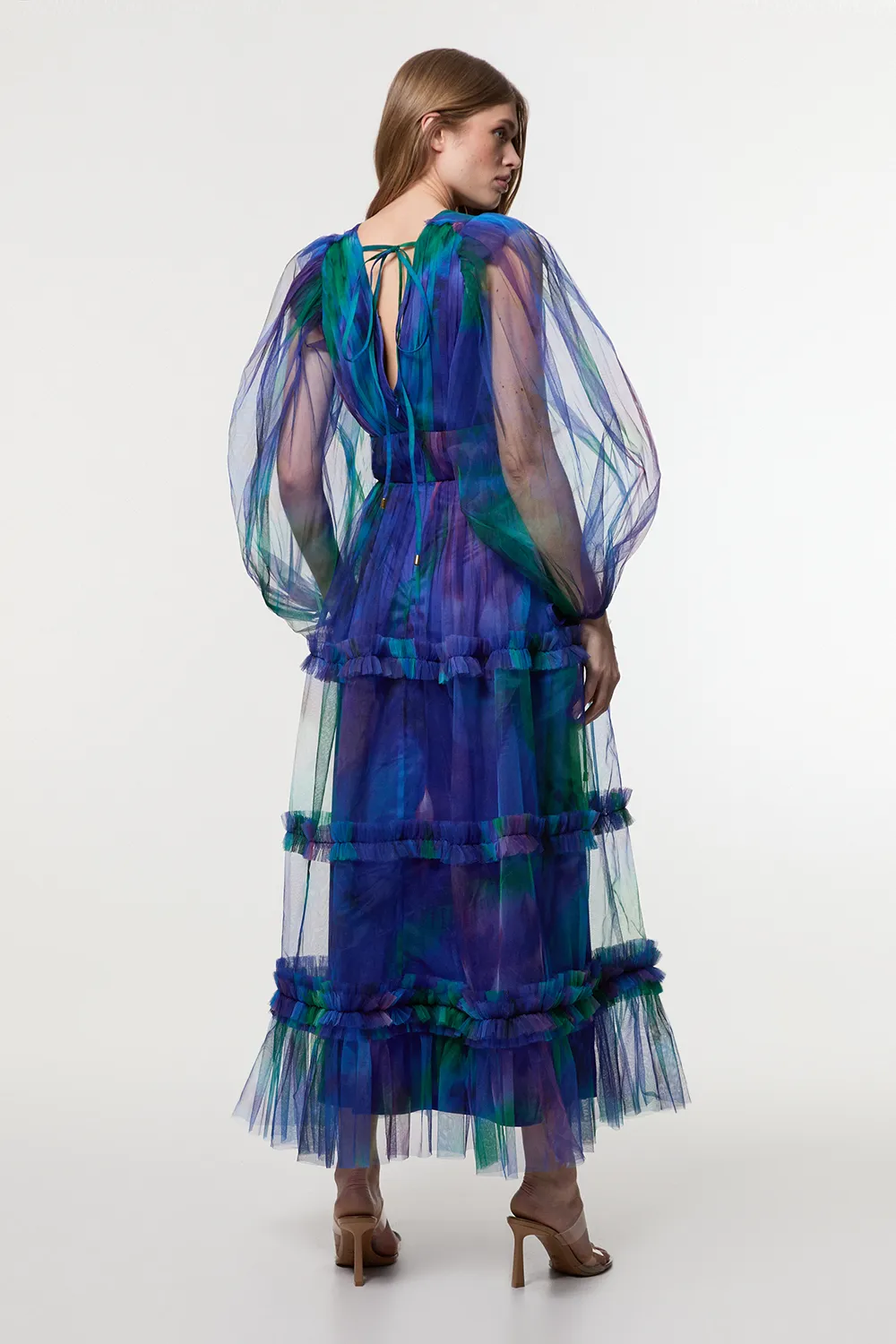 Dark Floral Tulle Plunge Balloon Sleeve Maxi Dress BKK24995