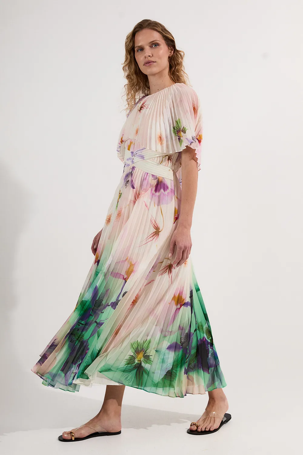 Pleated Floral Cape Sleeve Low Back Woven Maxi Dress BKK25013