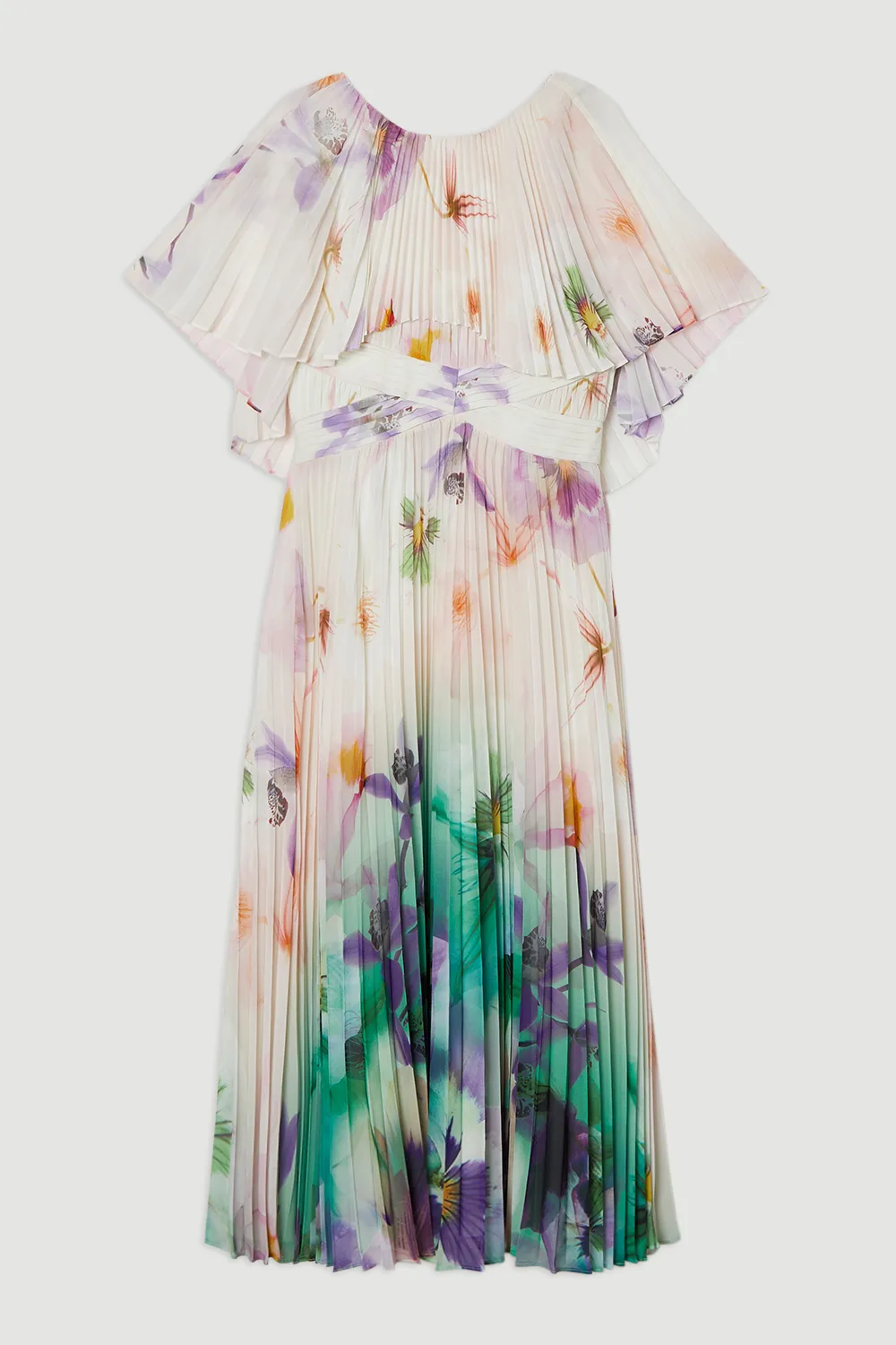 Pleated Floral Cape Sleeve Low Back Woven Maxi Dress BKK25013 4 Pleated Floral Cape Sleeve Low Back Woven Maxi Dress BKK25013