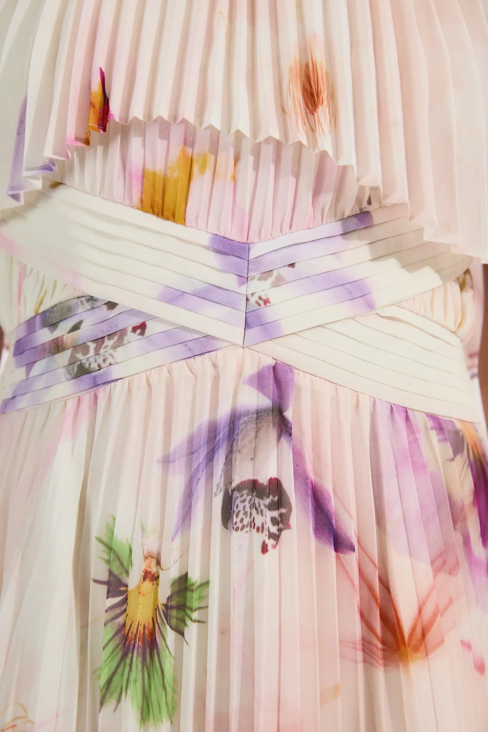 Pleated Floral Cape Sleeve Low Back Woven Maxi Dress BKK25013 5 Pleated Floral Cape Sleeve Low Back Woven Maxi Dress BKK25013