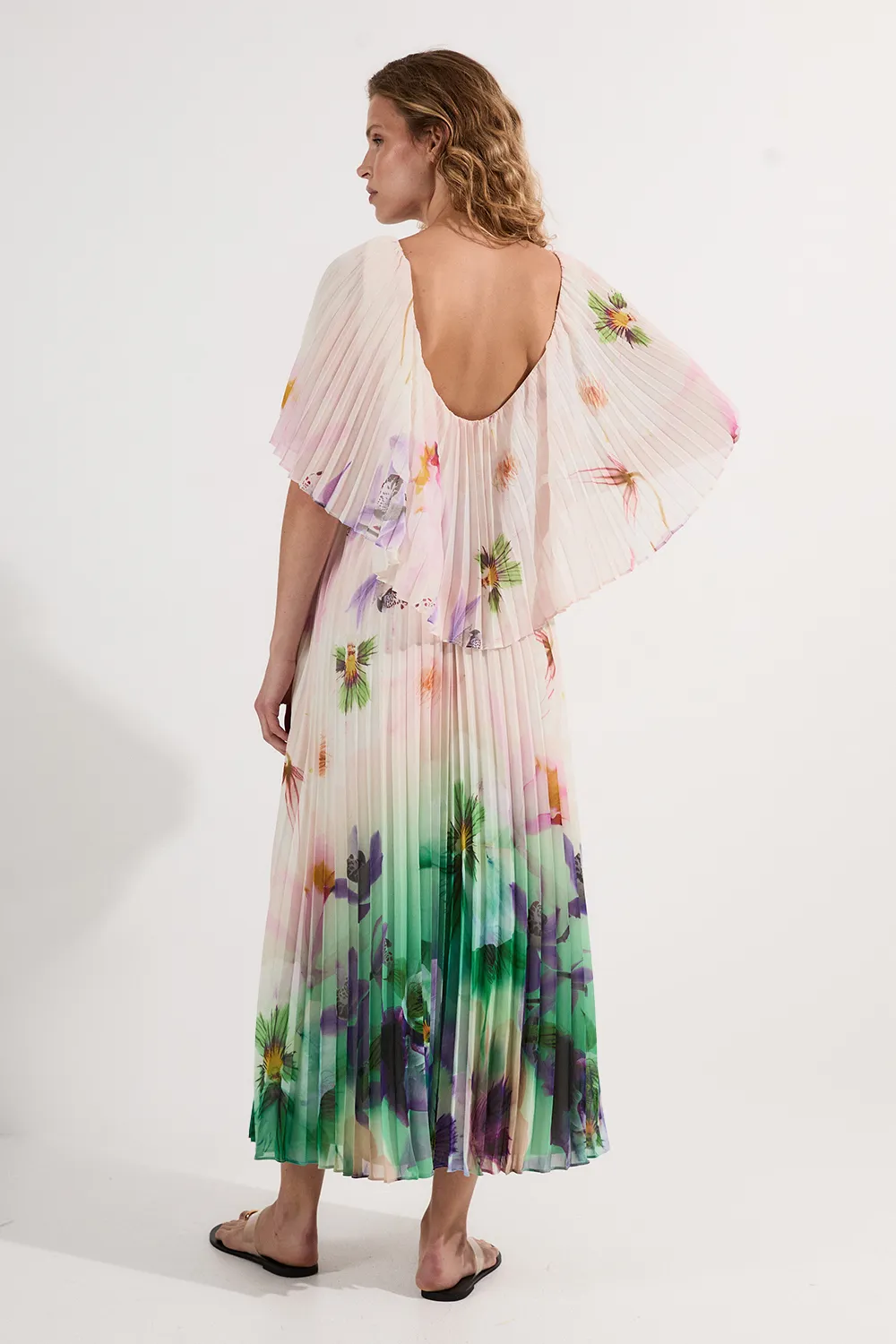 Pleated Floral Cape Sleeve Low Back Woven Maxi Dress BKK25013 6 Pleated Floral Cape Sleeve Low Back Woven Maxi Dress BKK25013