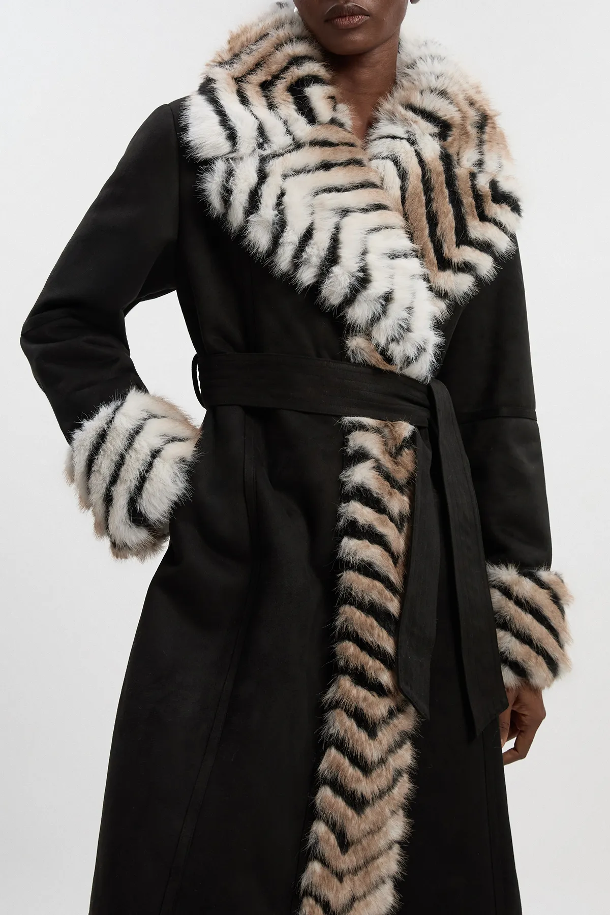 Petite Faux Shearling Contrast Collar & Cuff Belted Maxi Coat BKK25077