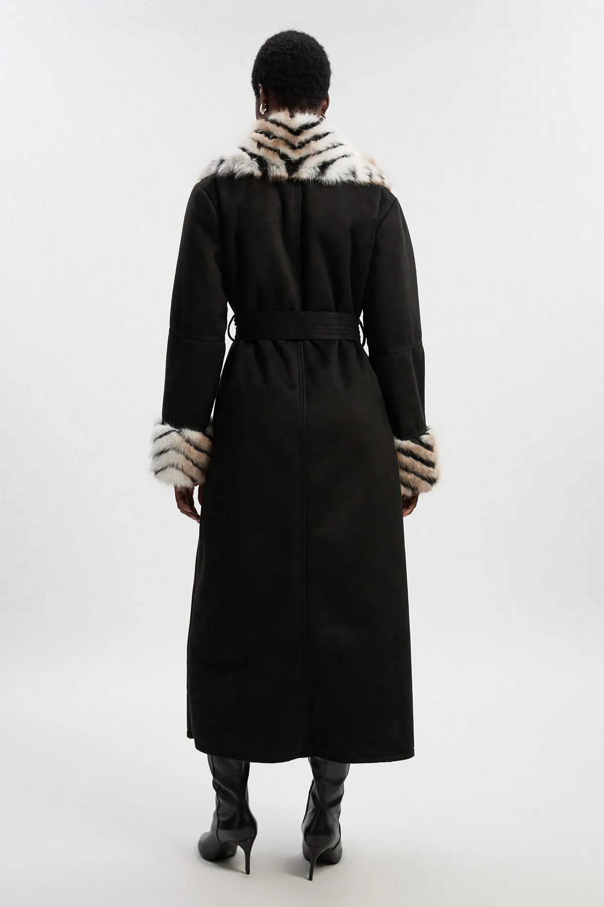 Petite Faux Shearling Contrast Collar & Cuff Belted Maxi Coat BKK25077