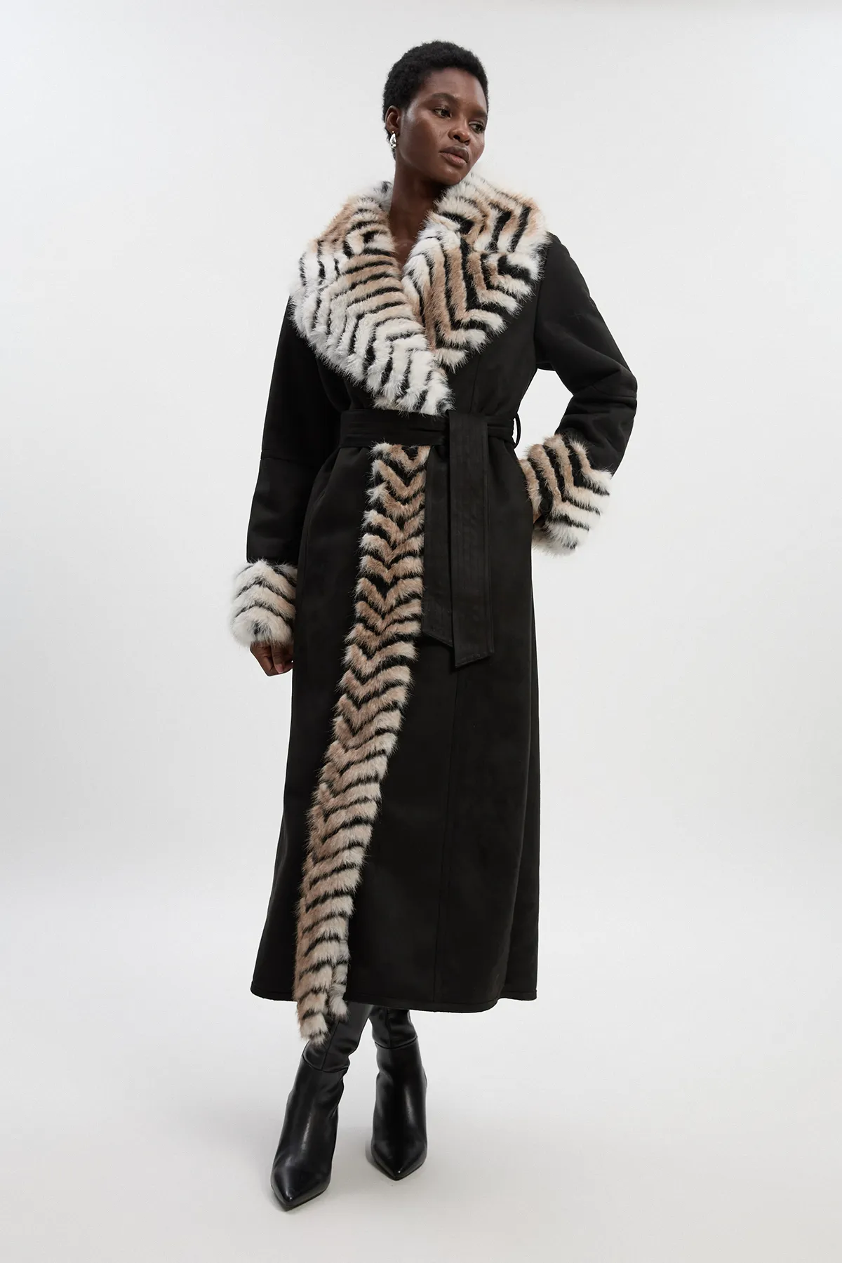 Faux Shearling Contrast Collar & Cuff Belted Maxi Coat BKK25078