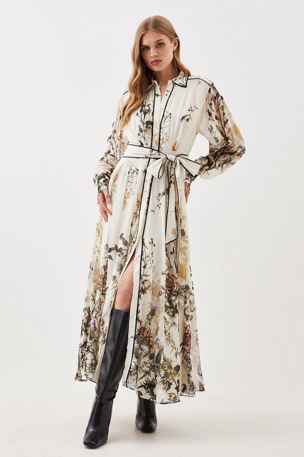 Lydia Millen Petite Viscose Woven Floral Border Shirt Midi Dress BKK14565