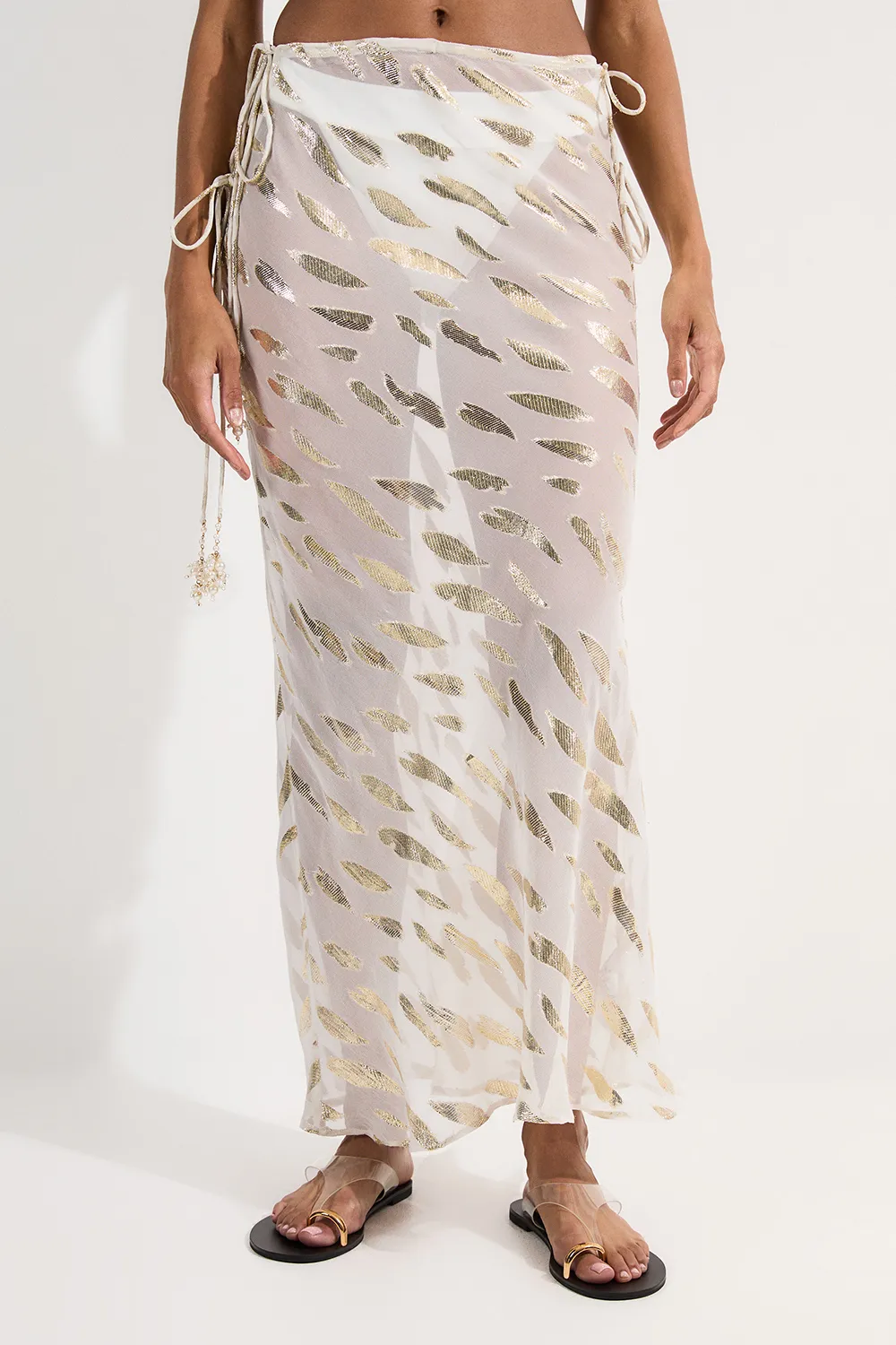 Beach Metallic Thread Tie Waist Maxi Skirt BKK25211