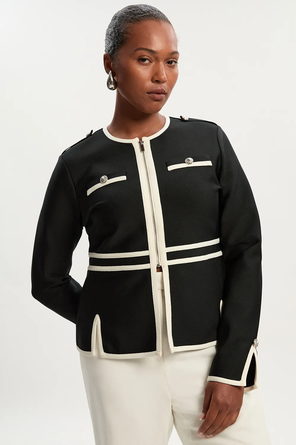 Plus Size Figure Form Bandage Military Contrast Piping Knit Split Hem Jacket BKK25225