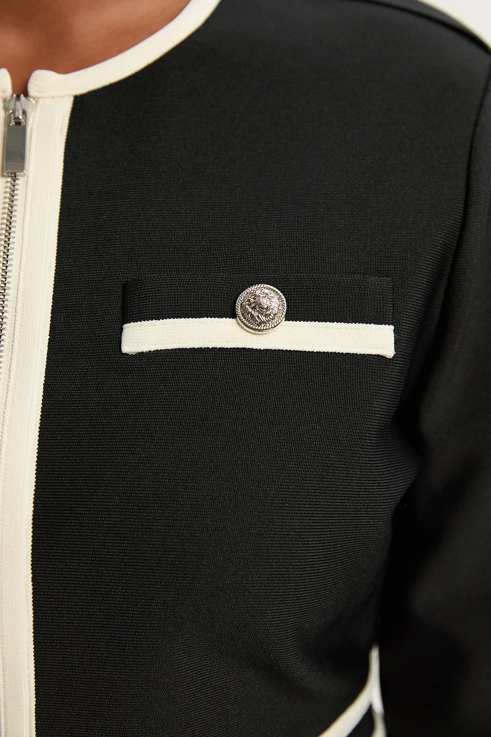 Plus Size Figure Form Bandage Military Contrast Piping Knit Split Hem Jacket BKK25225