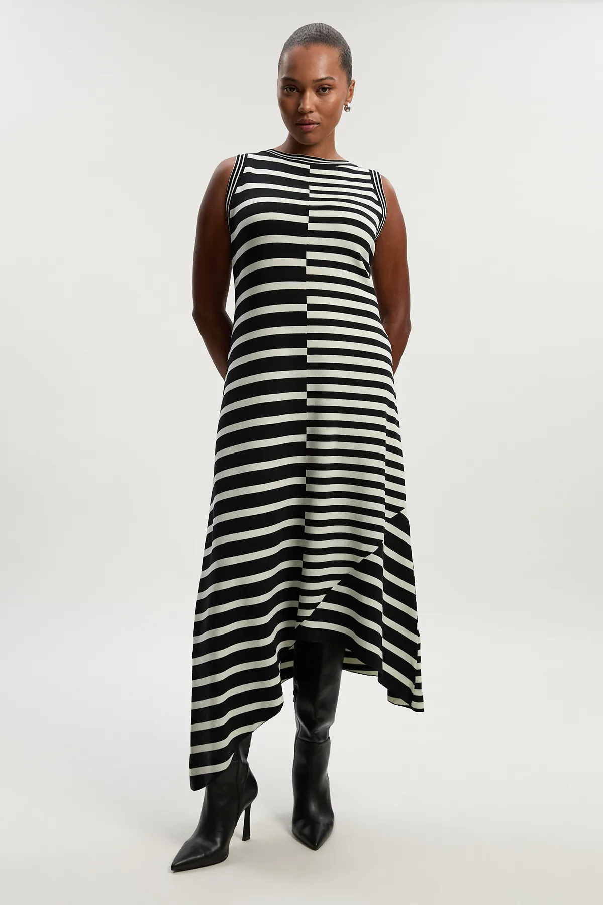 Plus Size Asymmetric Hem Cut About Stripe Sleeveless Knitted Midi Dress BKK25228
