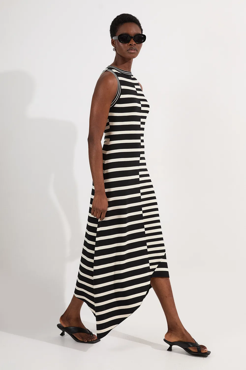 Petite Asymmetric Hem Cut About Stripe Sleeveless Knitted Midi Dress BKK25229