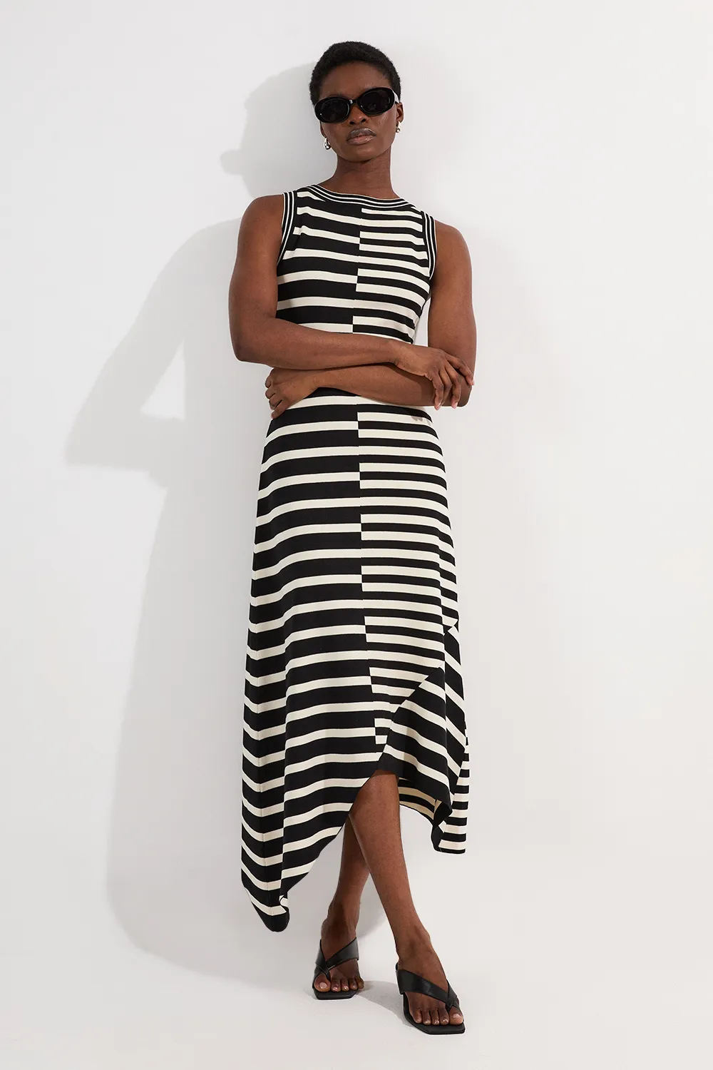 Petite Asymmetric Hem Cut About Stripe Sleeveless Knitted Midi Dress BKK25229