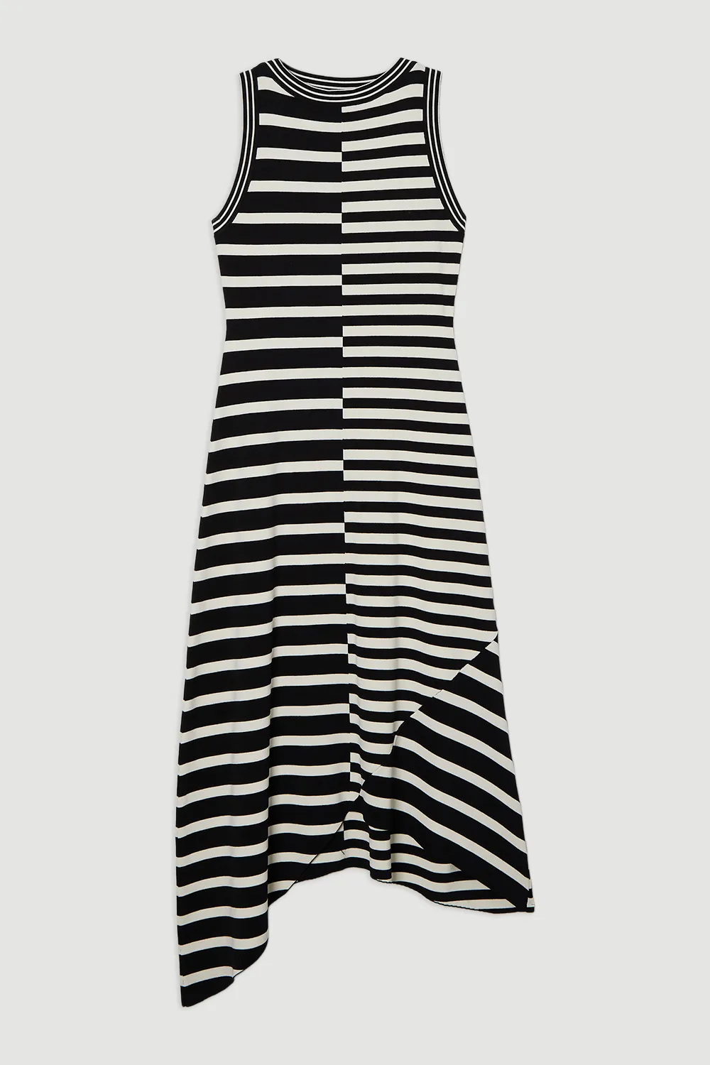 Petite Asymmetric Hem Cut About Stripe Sleeveless Knitted Midi Dress BKK25229