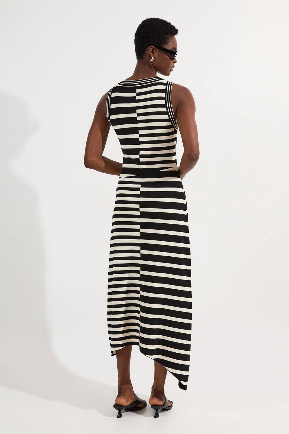 Petite Asymmetric Hem Cut About Stripe Sleeveless Knitted Midi Dress BKK25229