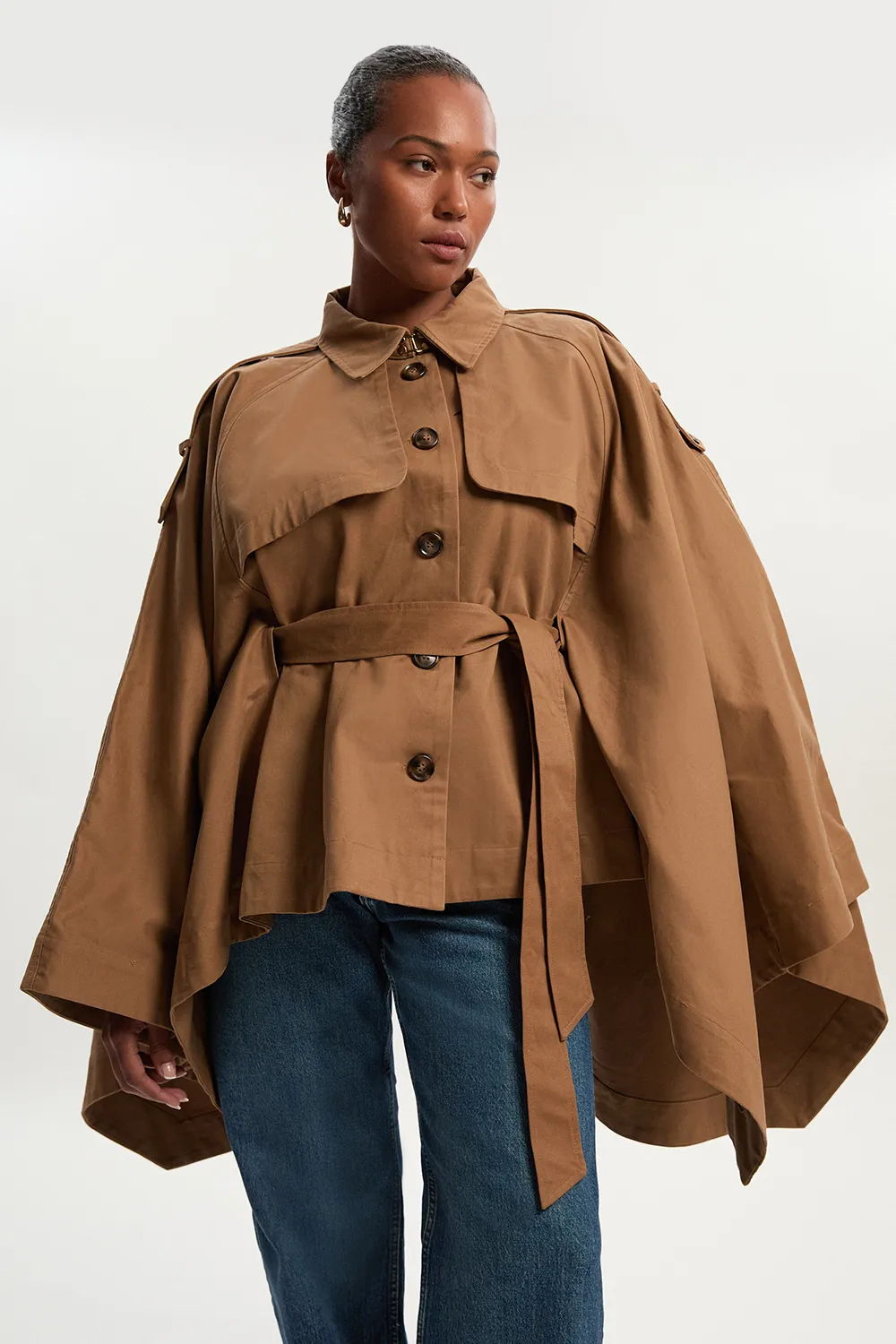 Plus Size Cape Detail Trench Coat BKK25241