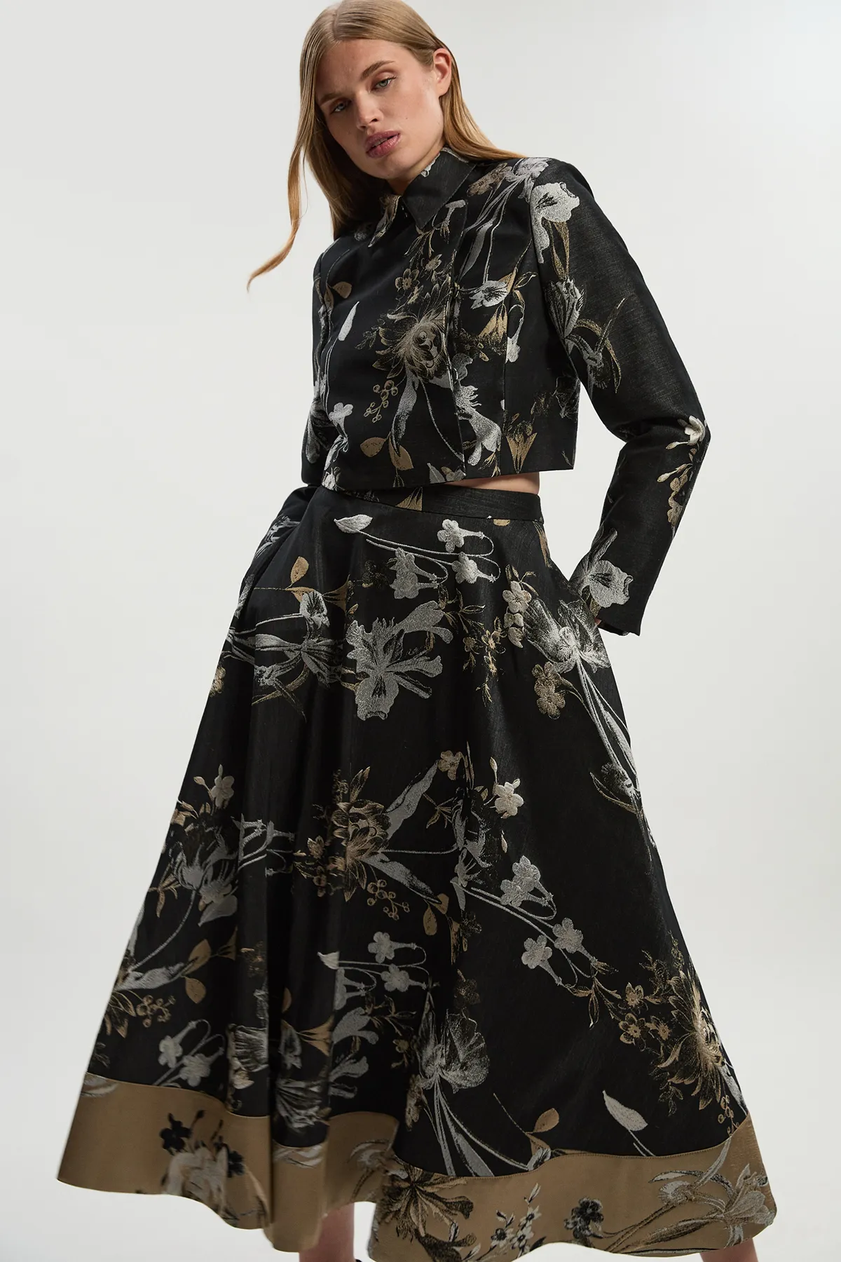 Floral Jacquard Tailored Full Midi Skirt BKK25246