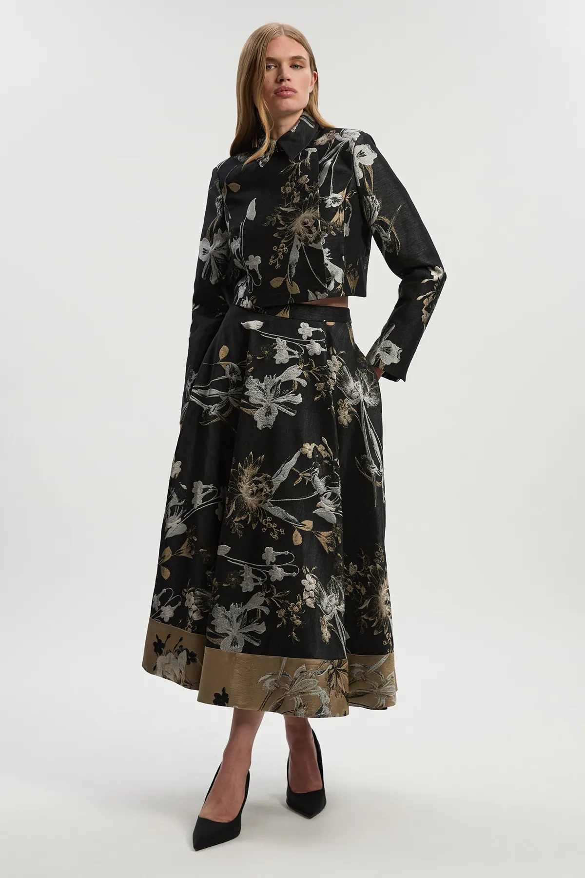 Floral Jacquard Tailored Full Midi Skirt BKK25246