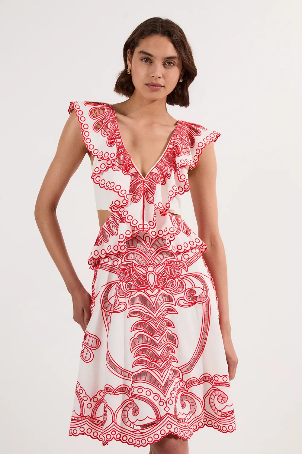 Cutwork Embroidered Ruffle Woven Mini Dress BKK25269