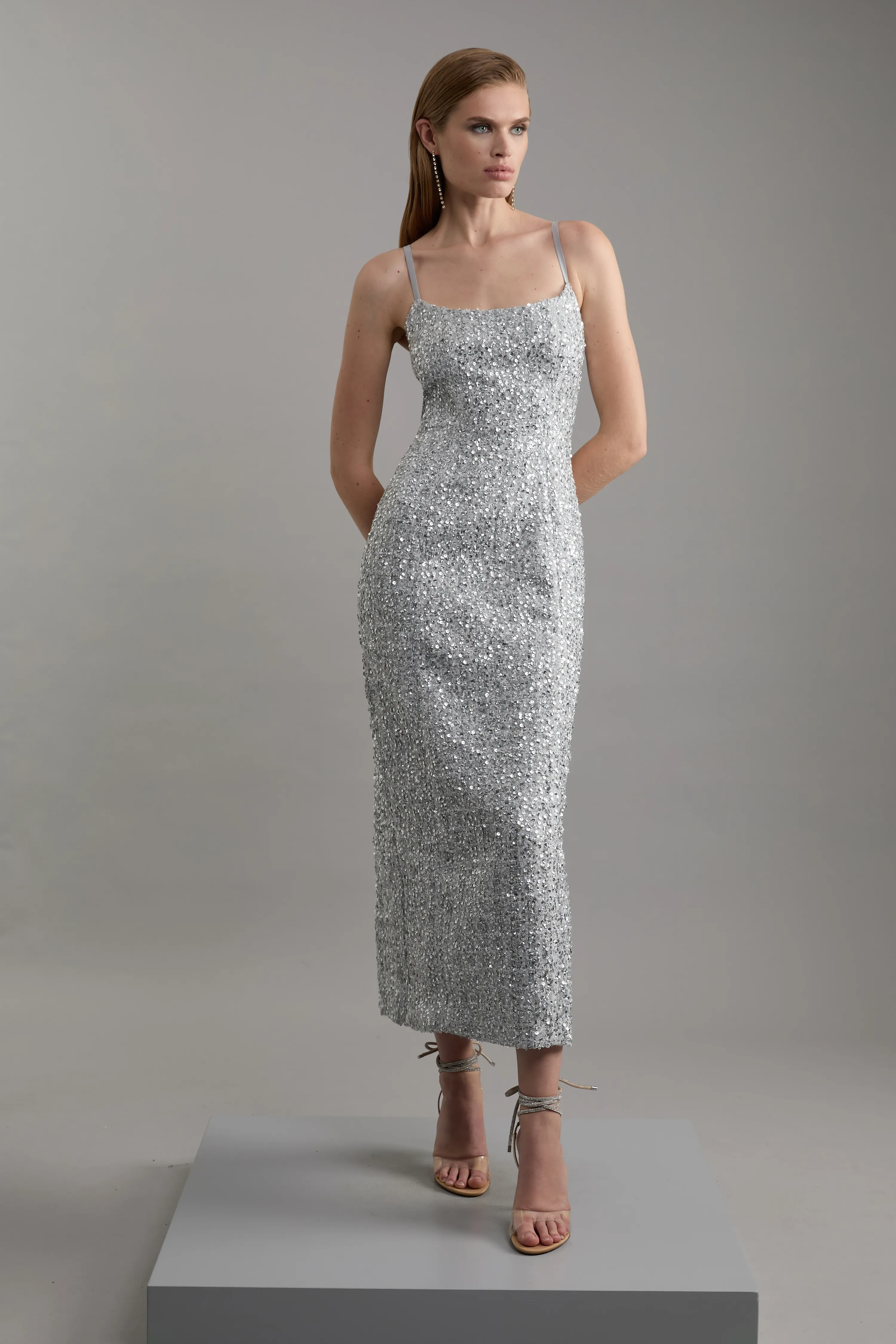 Petite Sequin Metallic Boucle Tailored Maxi Dress BKK20682