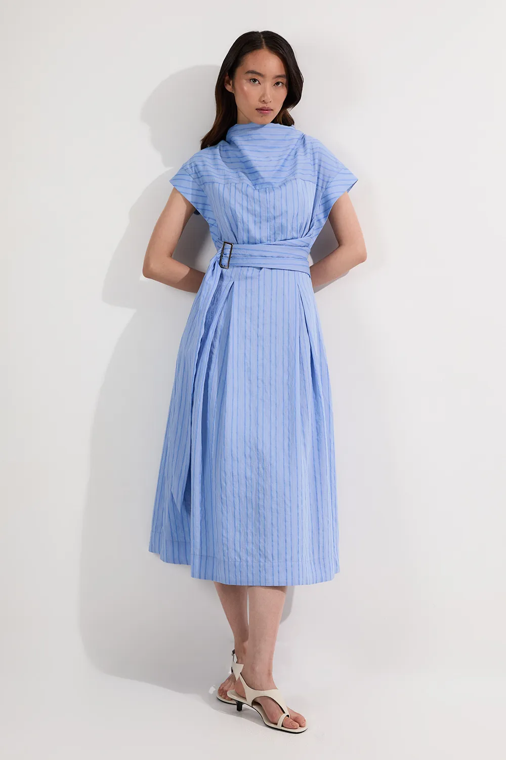 Cotton Stripe High Neck Belted Woven Midi Shirt Dress BKK25278